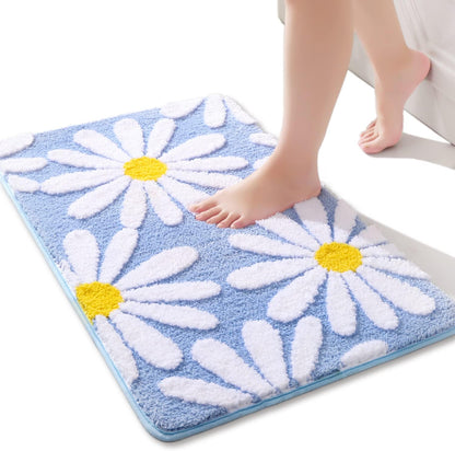 Blue Bathroom Rugs Cute Daisy Bath Mat White and Yellow Flower Decor Rug Non Slip Floor Carpet Microfiber Bathmat Super Absorbent Machine Washable Bathtub Mats for Shower (16x24 inch)