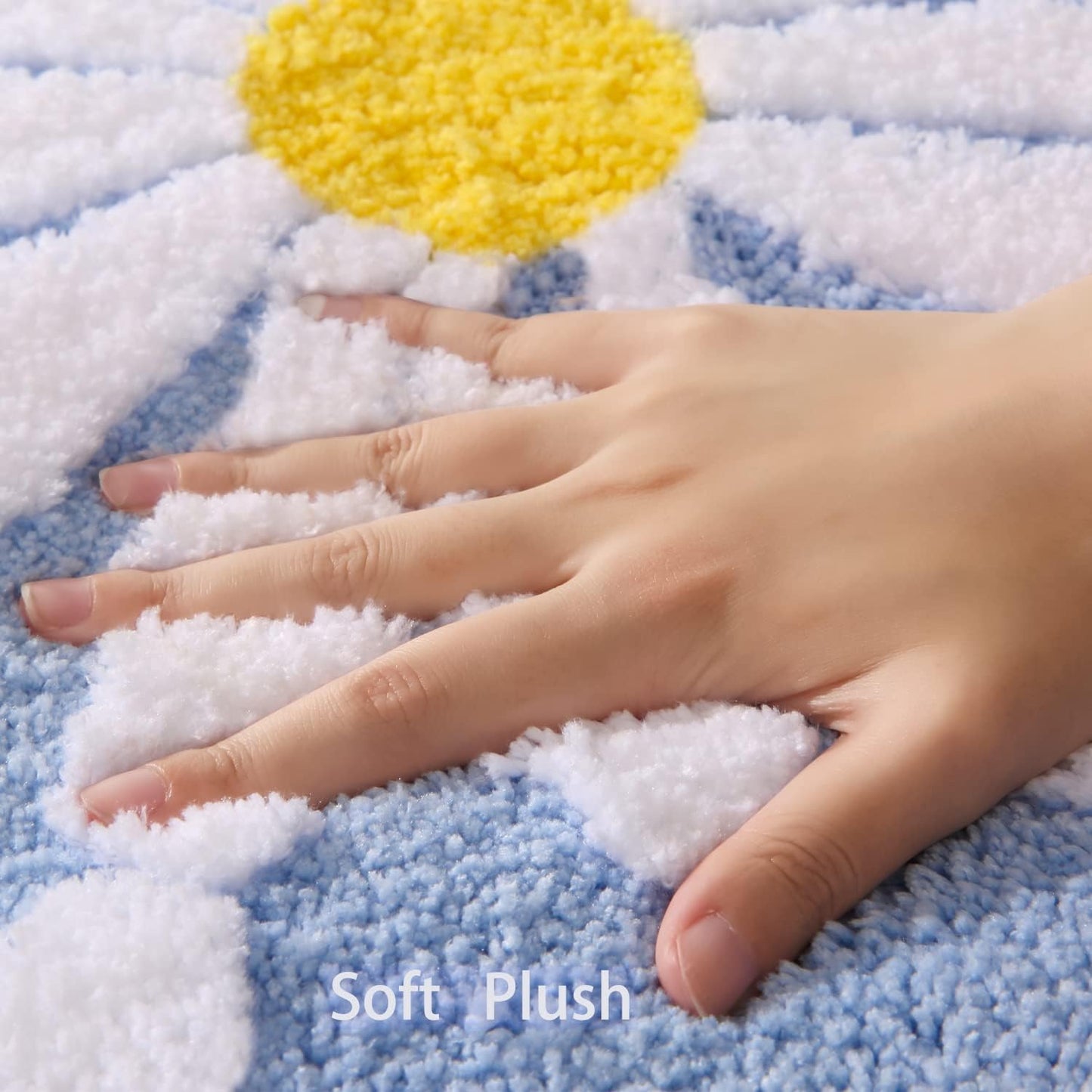 Blue Bathroom Rugs Cute Daisy Bath Mat White and Yellow Flower Decor Rug Non Slip Floor Carpet Microfiber Bathmat Super Absorbent Machine Washable Bathtub Mats for Shower (16x24 inch)