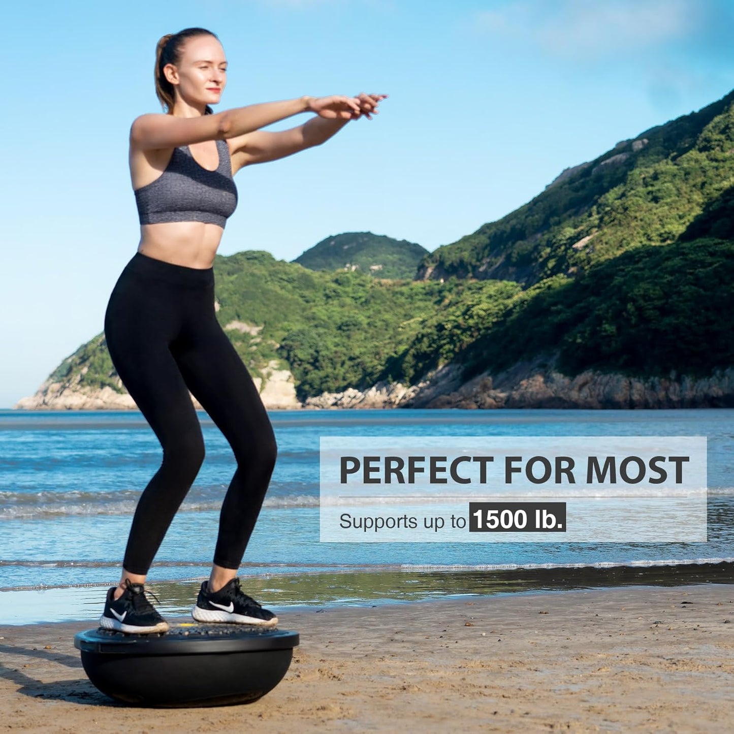 25in. Balance Ball | 660lb Inflatable Half Exercise Ball Wobble Board Balance Trainer w Nonslip Base | Half Yoga Ball Strength Training Equipment w 2 Bands, Pump, Extra Ball Included
