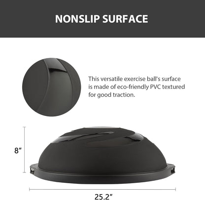 25in. Balance Ball | 660lb Inflatable Half Exercise Ball Wobble Board Balance Trainer w Nonslip Base | Half Yoga Ball Strength Training Equipment w 2 Bands, Pump, Extra Ball Included
