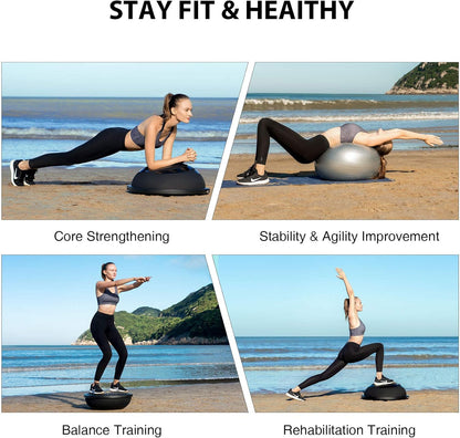 25in. Balance Ball | 660lb Inflatable Half Exercise Ball Wobble Board Balance Trainer w Nonslip Base | Half Yoga Ball Strength Training Equipment w 2 Bands, Pump, Extra Ball Included