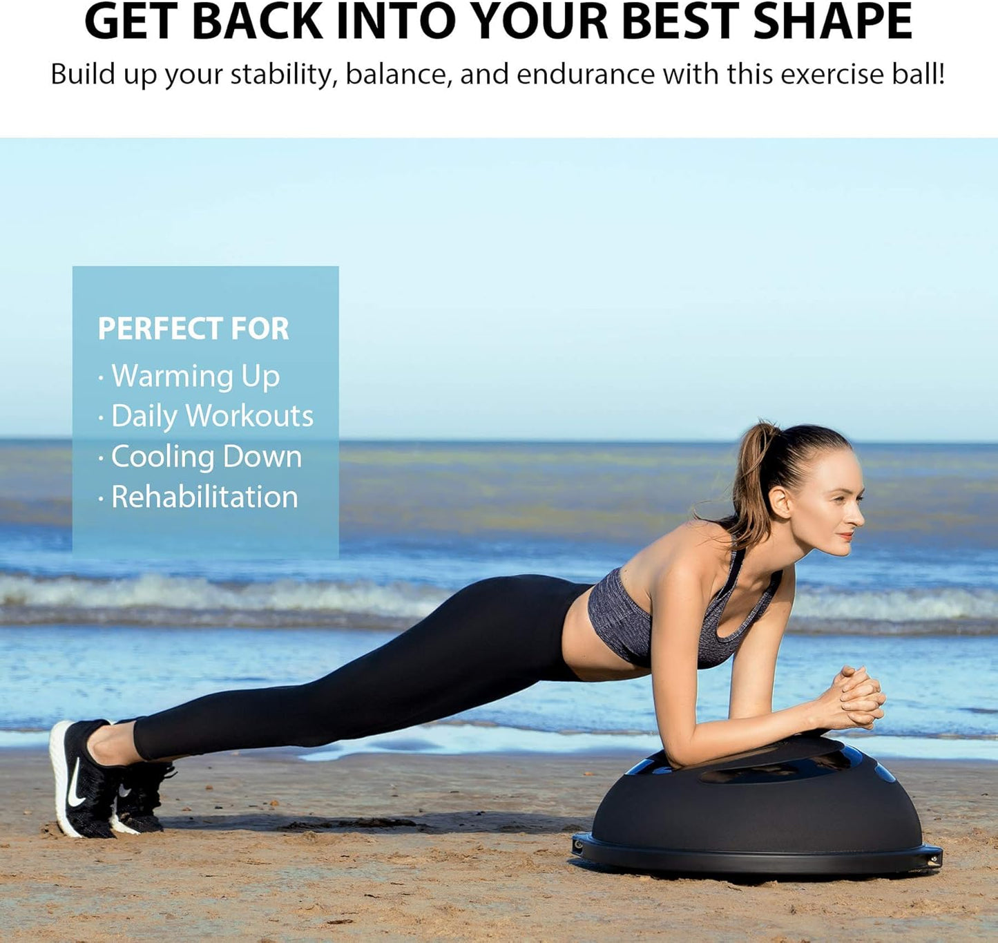 25in. Balance Ball | 660lb Inflatable Half Exercise Ball Wobble Board Balance Trainer w Nonslip Base | Half Yoga Ball Strength Training Equipment w 2 Bands, Pump, Extra Ball Included