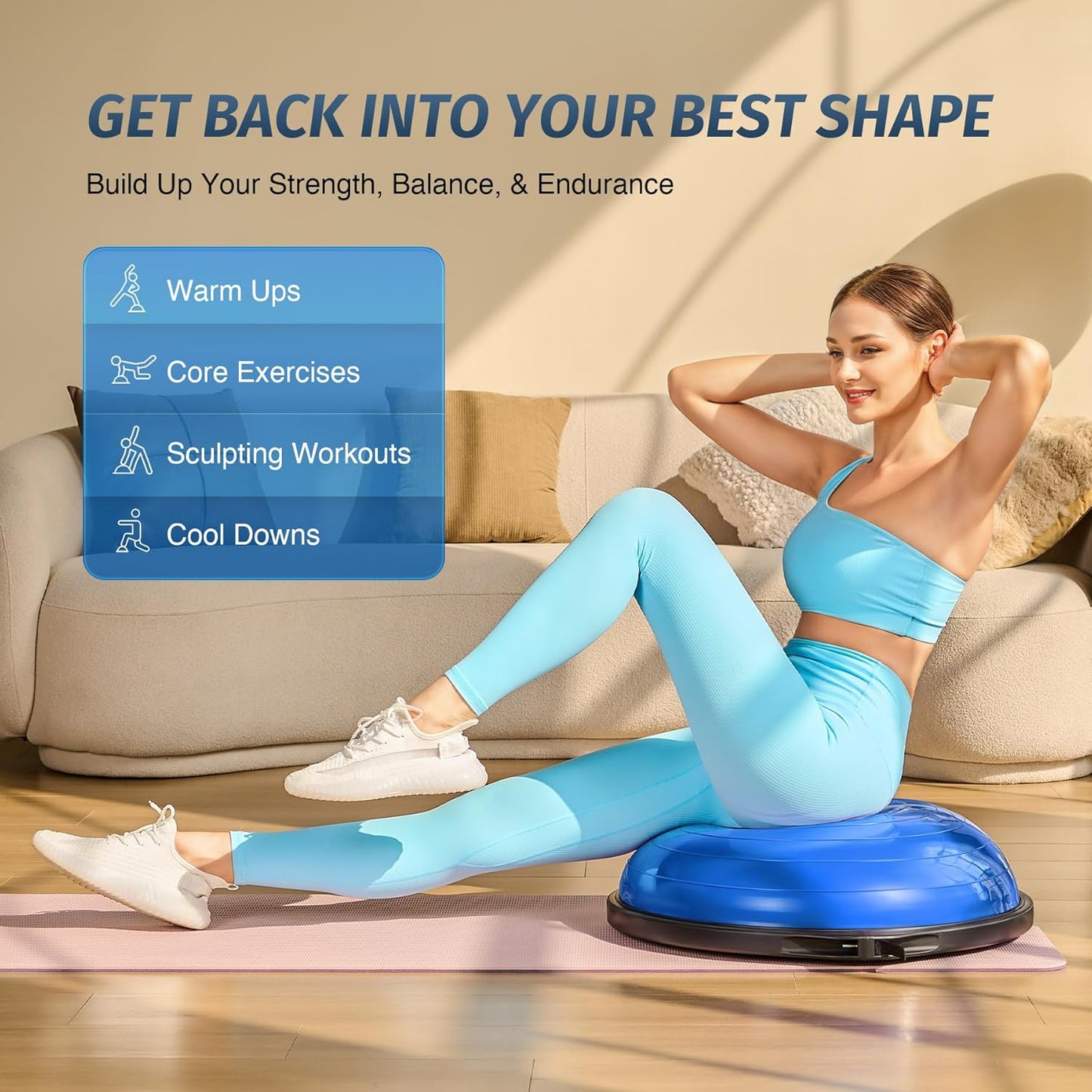 25in. Balance Ball | 660lb Inflatable Half Exercise Ball Wobble Board Balance Trainer w Nonslip Base | Half Yoga Ball Strength Training Equipment w 2 Bands, Pump, Extra Ball Included