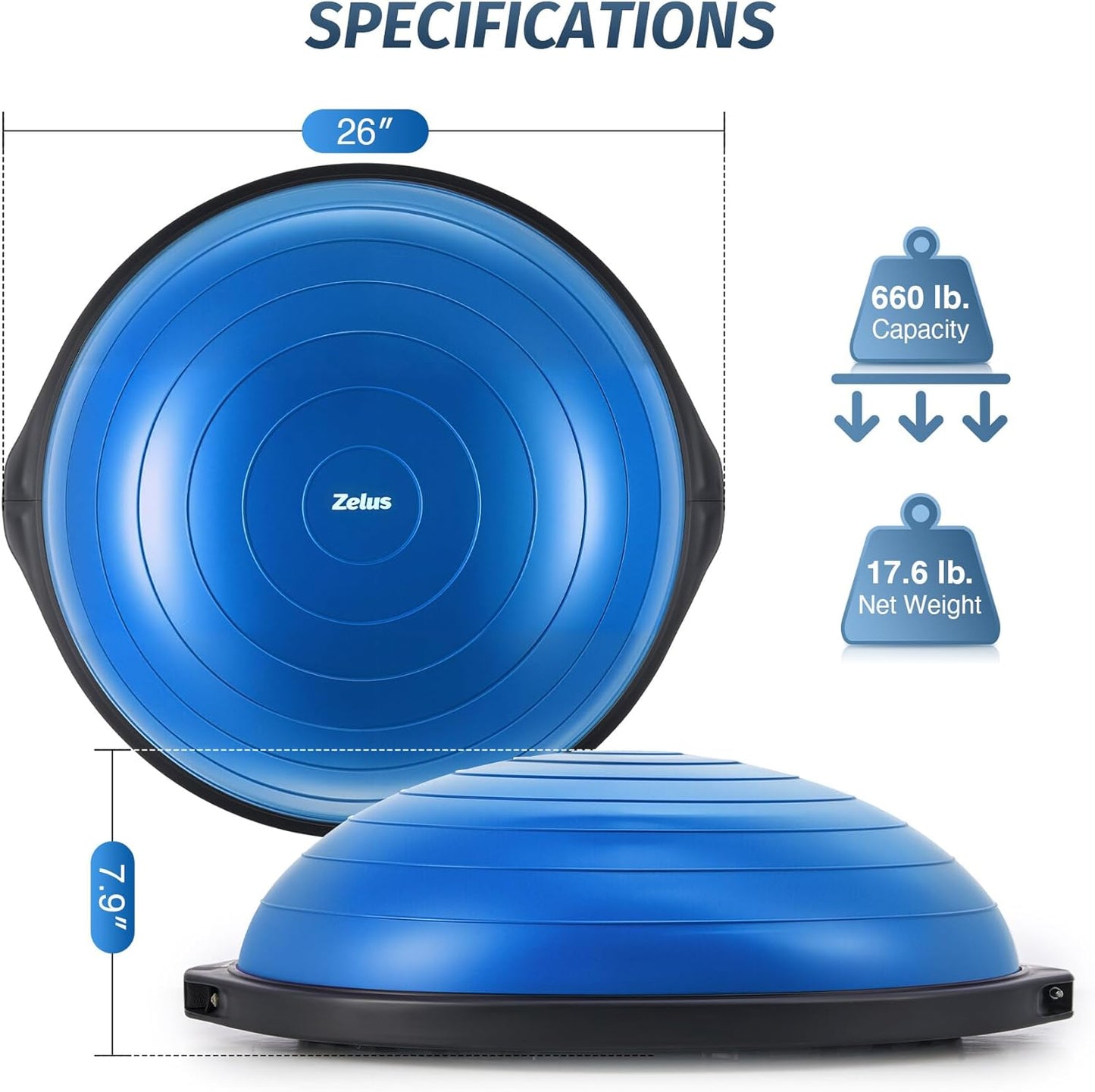 25in. Balance Ball | 660lb Inflatable Half Exercise Ball Wobble Board Balance Trainer w Nonslip Base | Half Yoga Ball Strength Training Equipment w 2 Bands, Pump, Extra Ball Included