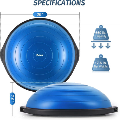 25in. Balance Ball | 660lb Inflatable Half Exercise Ball Wobble Board Balance Trainer w Nonslip Base | Half Yoga Ball Strength Training Equipment w 2 Bands, Pump, Extra Ball Included