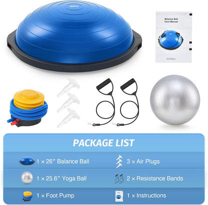 25in. Balance Ball | 660lb Inflatable Half Exercise Ball Wobble Board Balance Trainer w Nonslip Base | Half Yoga Ball Strength Training Equipment w 2 Bands, Pump, Extra Ball Included
