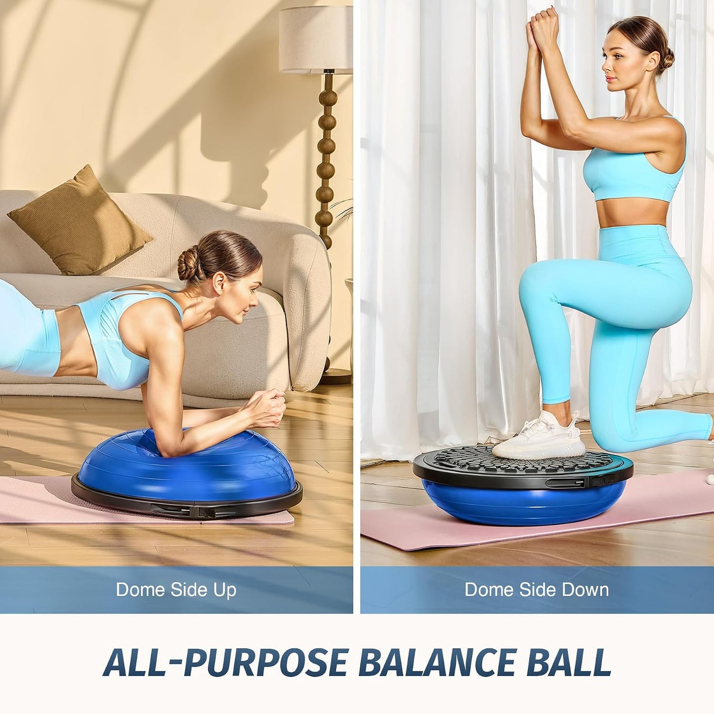25in. Balance Ball | 660lb Inflatable Half Exercise Ball Wobble Board Balance Trainer w Nonslip Base | Half Yoga Ball Strength Training Equipment w 2 Bands, Pump, Extra Ball Included