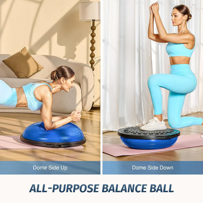 25in. Balance Ball | 660lb Inflatable Half Exercise Ball Wobble Board Balance Trainer w Nonslip Base | Half Yoga Ball Strength Training Equipment w 2 Bands, Pump, Extra Ball Included