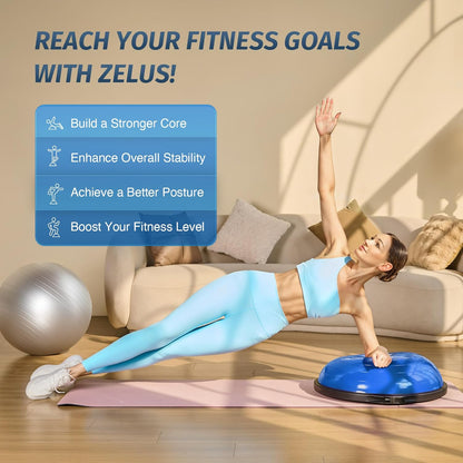 25in. Balance Ball | 660lb Inflatable Half Exercise Ball Wobble Board Balance Trainer w Nonslip Base | Half Yoga Ball Strength Training Equipment w 2 Bands, Pump, Extra Ball Included