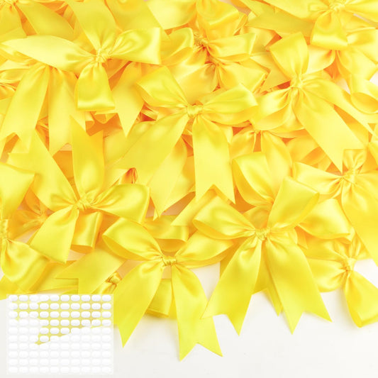 Yellow Gift Wrap Bows 60pcs 3.5 Inch Pre-Tied Satin Bows with Strong Adhesive for Spring Decor, Easter, Birthday Party & Baby Shower