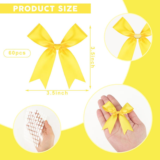 Yellow Gift Wrap Bows 60pcs 3.5 Inch Pre-Tied Satin Bows with Strong Adhesive for Spring Decor, Easter, Birthday Party & Baby Shower