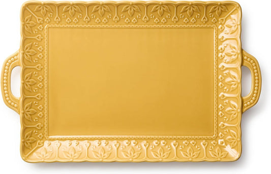 Provence 20-Inch Embossed Rectangular Stoneware Platter with Handles – Old World French Country Style – Large Mustard Yellow Serving Tray for Entertaining & Holidays