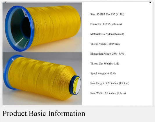 [1200Yards / 26 Colors Available] Tex 135 Bonded Nylon Thread for Leather Sewing 420D/3 T135#138 Heavy Duty Upholstery Thread for Leather and Other Heavy Fabric（Yellow） | 26 Colors Available, 420D/3 T135 #138, Heavy Duty Upholstery Thread for Leather and