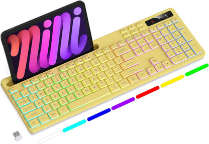 Wireless Keyboard with 7-Color RGB Backlit, Full-Size Computer Keyboard with Phone Tablet Holder, 2.4G Rechargeable Gaming Keyboard with Light Up Keys, Compatible with Mac, Windows (Yellow)