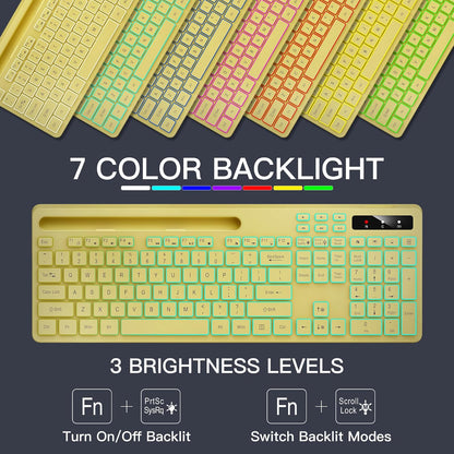 Wireless Keyboard with 7-Color RGB Backlit, Full-Size Computer Keyboard with Phone Tablet Holder, 2.4G Rechargeable Gaming Keyboard with Light Up Keys, Compatible with Mac, Windows (Yellow)