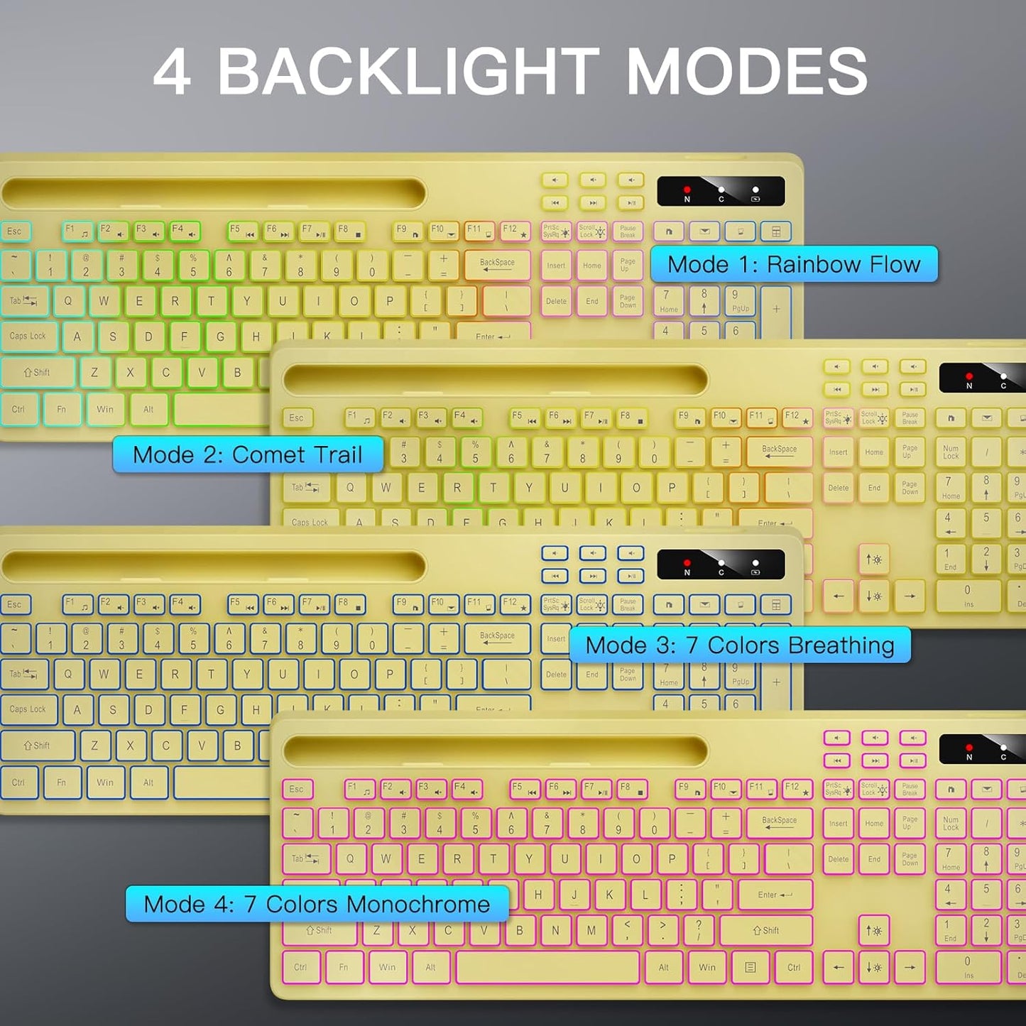 Wireless Keyboard with 7-Color RGB Backlit, Full-Size Computer Keyboard with Phone Tablet Holder, 2.4G Rechargeable Gaming Keyboard with Light Up Keys, Compatible with Mac, Windows (Yellow)