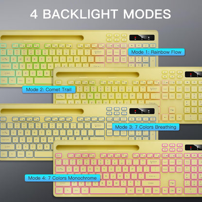 Wireless Keyboard with 7-Color RGB Backlit, Full-Size Computer Keyboard with Phone Tablet Holder, 2.4G Rechargeable Gaming Keyboard with Light Up Keys, Compatible with Mac, Windows (Yellow)