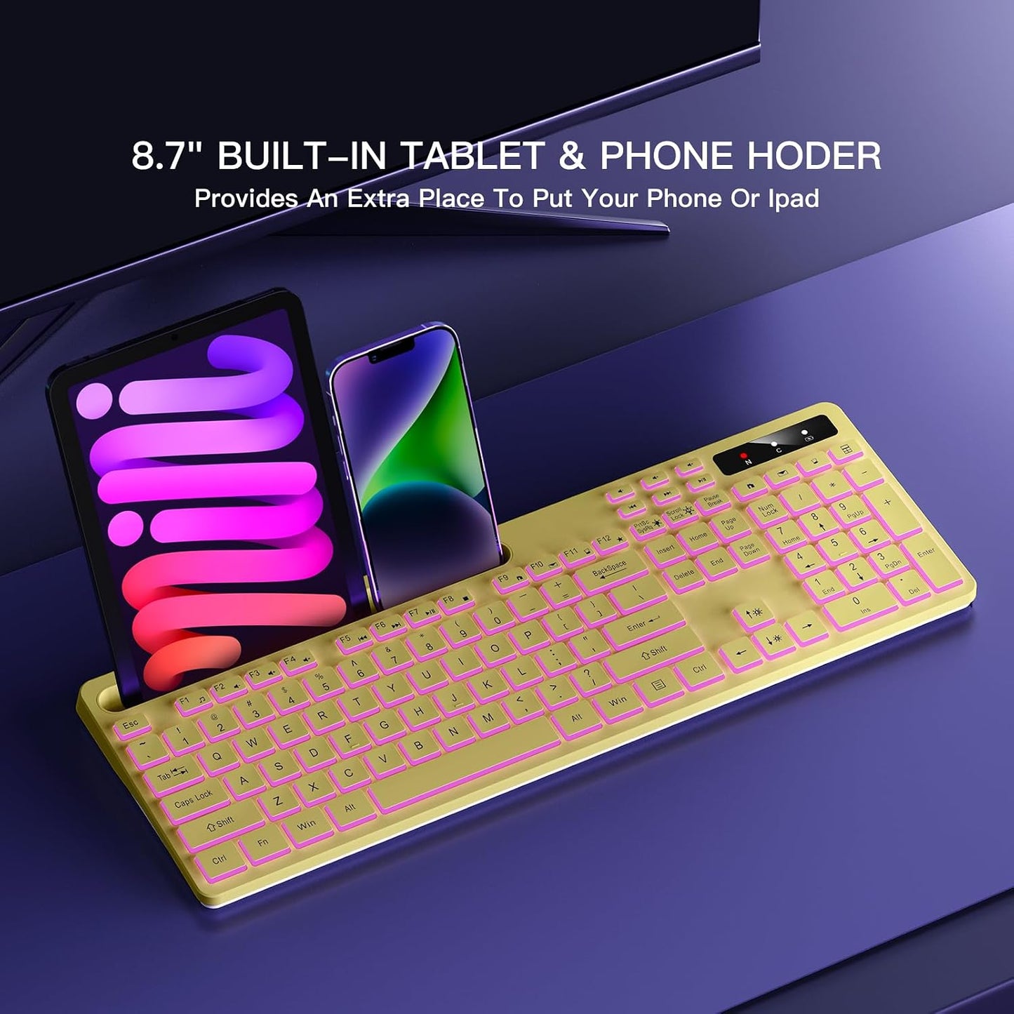 Wireless Keyboard with 7-Color RGB Backlit, Full-Size Computer Keyboard with Phone Tablet Holder, 2.4G Rechargeable Gaming Keyboard with Light Up Keys, Compatible with Mac, Windows (Yellow)