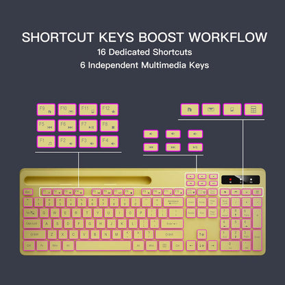 Wireless Keyboard with 7-Color RGB Backlit, Full-Size Computer Keyboard with Phone Tablet Holder, 2.4G Rechargeable Gaming Keyboard with Light Up Keys, Compatible with Mac, Windows (Yellow)