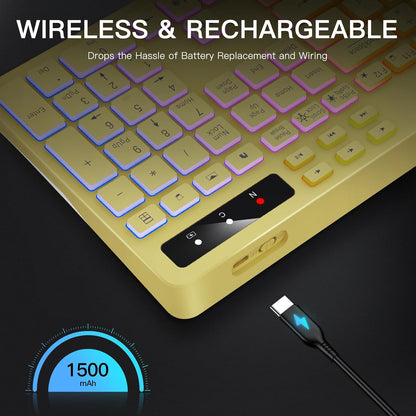 Wireless Keyboard with 7-Color RGB Backlit, Full-Size Computer Keyboard with Phone Tablet Holder, 2.4G Rechargeable Gaming Keyboard with Light Up Keys, Compatible with Mac, Windows (Yellow)