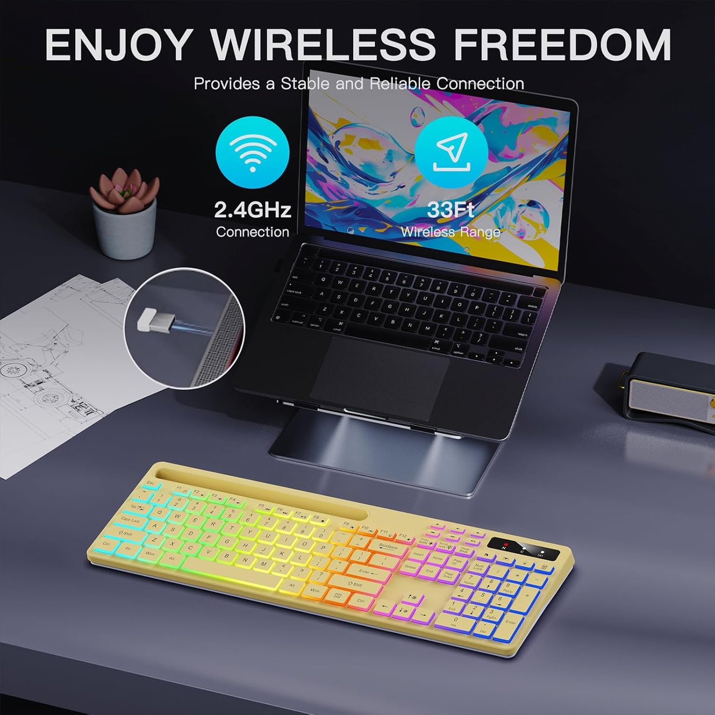 Wireless Keyboard with 7-Color RGB Backlit, Full-Size Computer Keyboard with Phone Tablet Holder, 2.4G Rechargeable Gaming Keyboard with Light Up Keys, Compatible with Mac, Windows (Yellow)