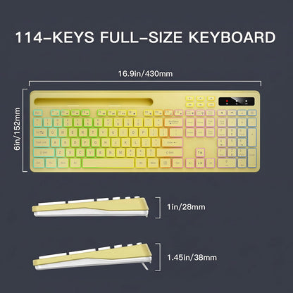 Wireless Keyboard with 7-Color RGB Backlit, Full-Size Computer Keyboard with Phone Tablet Holder, 2.4G Rechargeable Gaming Keyboard with Light Up Keys, Compatible with Mac, Windows (Yellow)