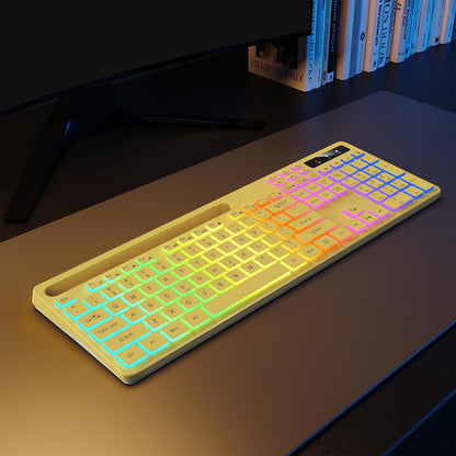 Wireless Keyboard with 7-Color RGB Backlit, Full-Size Computer Keyboard with Phone Tablet Holder, 2.4G Rechargeable Gaming Keyboard with Light Up Keys, Compatible with Mac, Windows (Yellow)