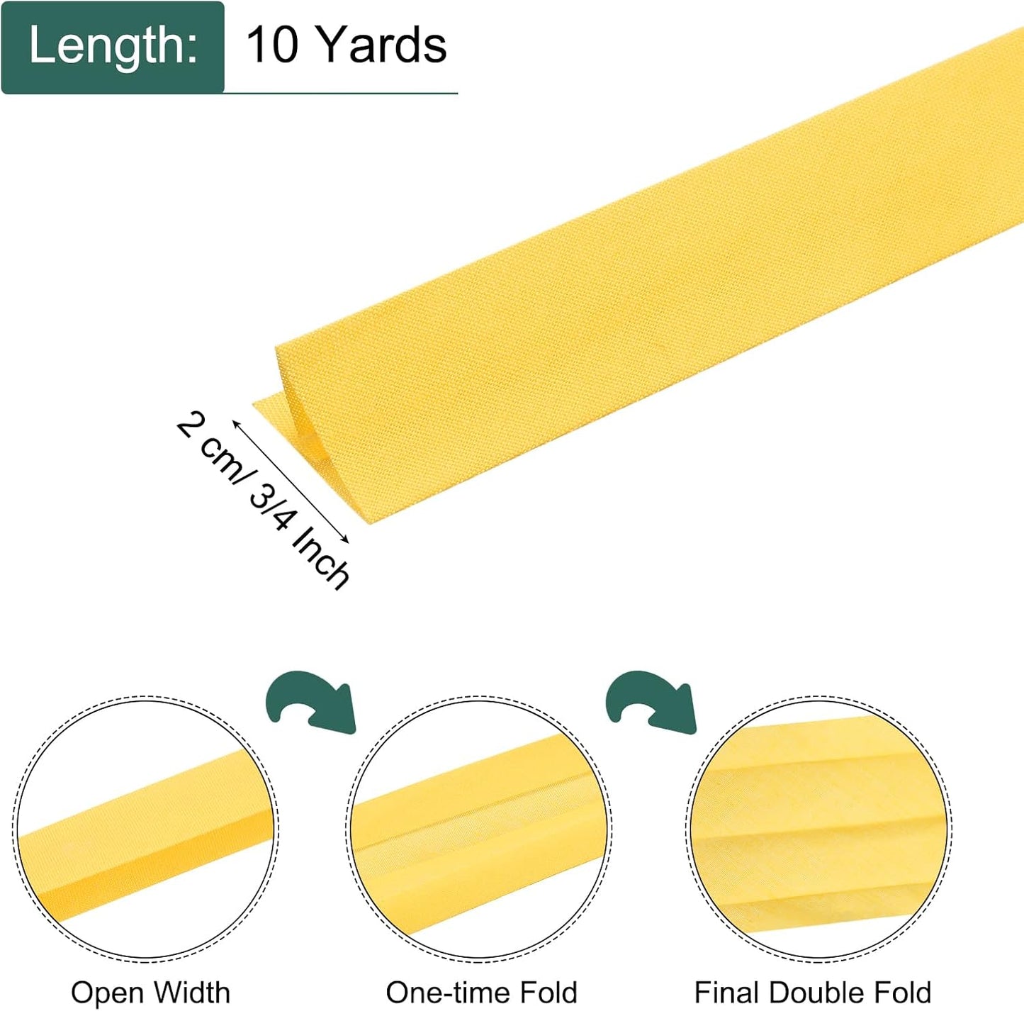 3/4 Inch Double Fold Bias Tape, Polyester Continuous Bulk Bias Tape for Sewing, Seaming Quilting Hemming Binding Crafts (Yellow 10 Yards)