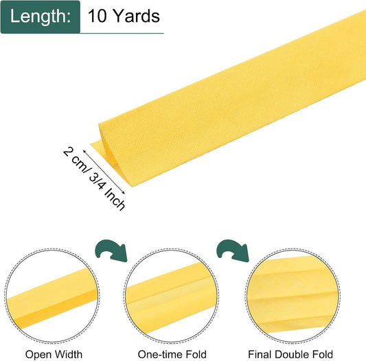 3/4 Inch Double Fold Bias Tape, Polyester Continuous Bulk Bias Tape for Sewing, Seaming Quilting Hemming Binding Crafts (Yellow 10 Yards)