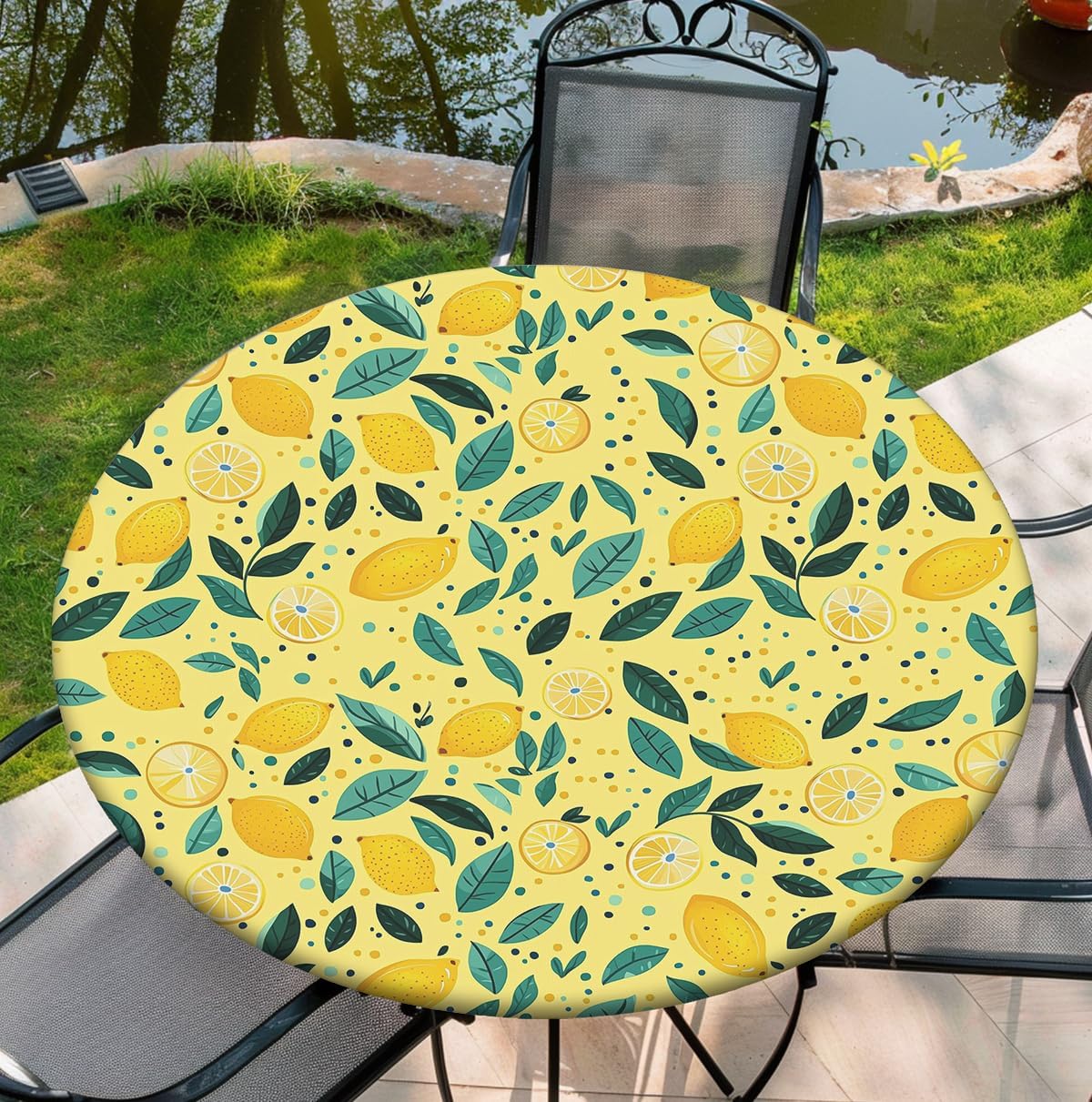 Waterproof Tablecloth with Elastic Tablecloth for Round Tables 36"-70" for Indoor Outdoor Patio Use, 52Inch, Lemon