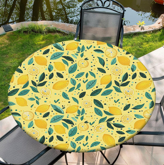 Waterproof Tablecloth with Elastic Tablecloth for Round Tables 36"-70" for Indoor Outdoor Patio Use, 52Inch, Lemon