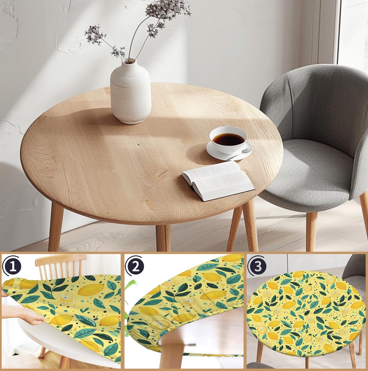 Waterproof Tablecloth with Elastic Tablecloth for Round Tables 36"-70" for Indoor Outdoor Patio Use, 52Inch, Lemon