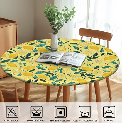 Waterproof Tablecloth with Elastic Tablecloth for Round Tables 36"-70" for Indoor Outdoor Patio Use, 52Inch, Lemon