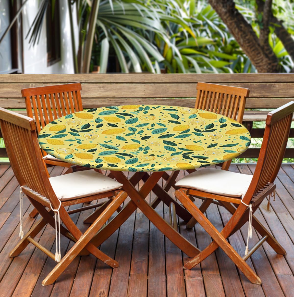 Waterproof Tablecloth with Elastic Tablecloth for Round Tables 36"-70" for Indoor Outdoor Patio Use, 52Inch, Lemon