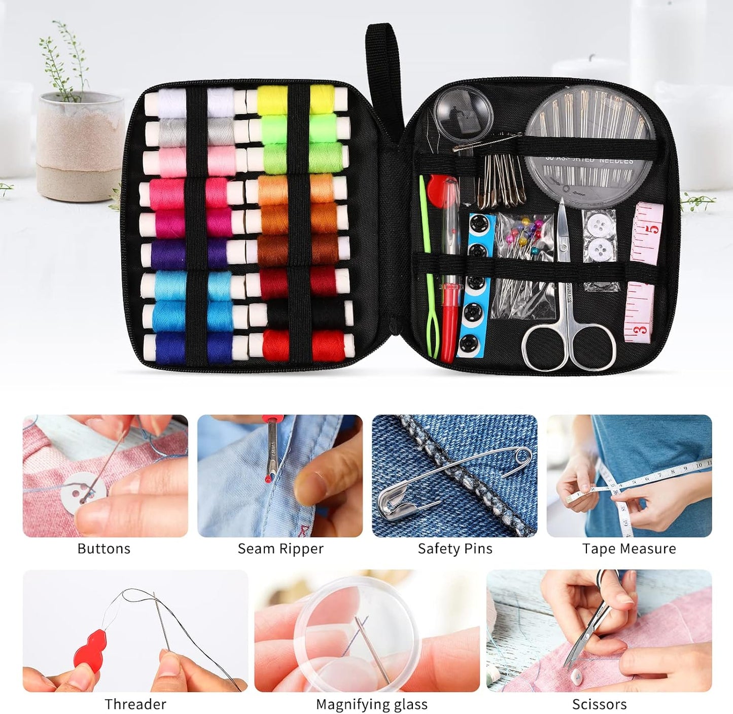 Sewing Kit Basic, Needle and Thread Kit with Sewing Supplies and Accessories for Adults,Beginner,Home,Travel,Emergency Including Scissors,Measure Tape,Needle Threader and More