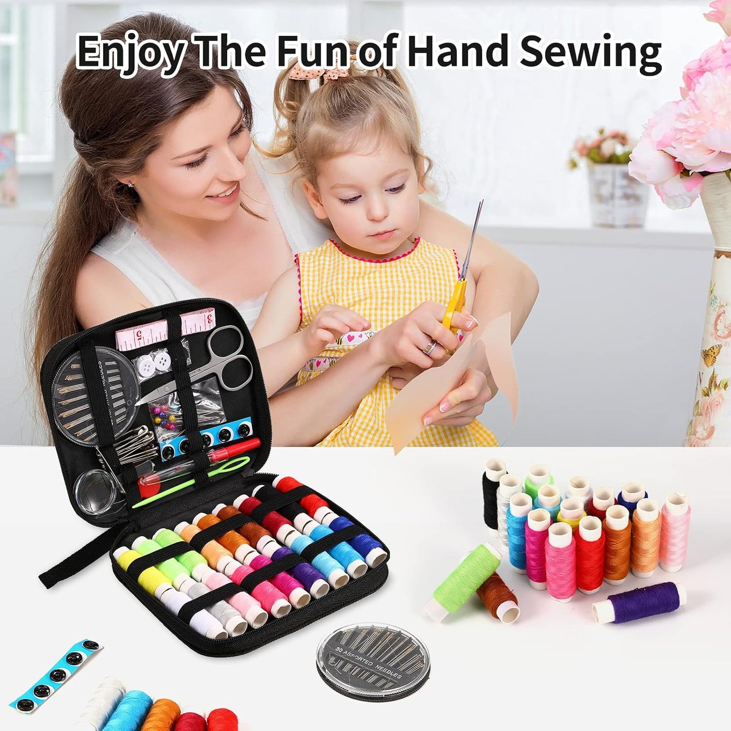 Sewing Kit Basic, Needle and Thread Kit with Sewing Supplies and Accessories for Adults,Beginner,Home,Travel,Emergency Including Scissors,Measure Tape,Needle Threader and More