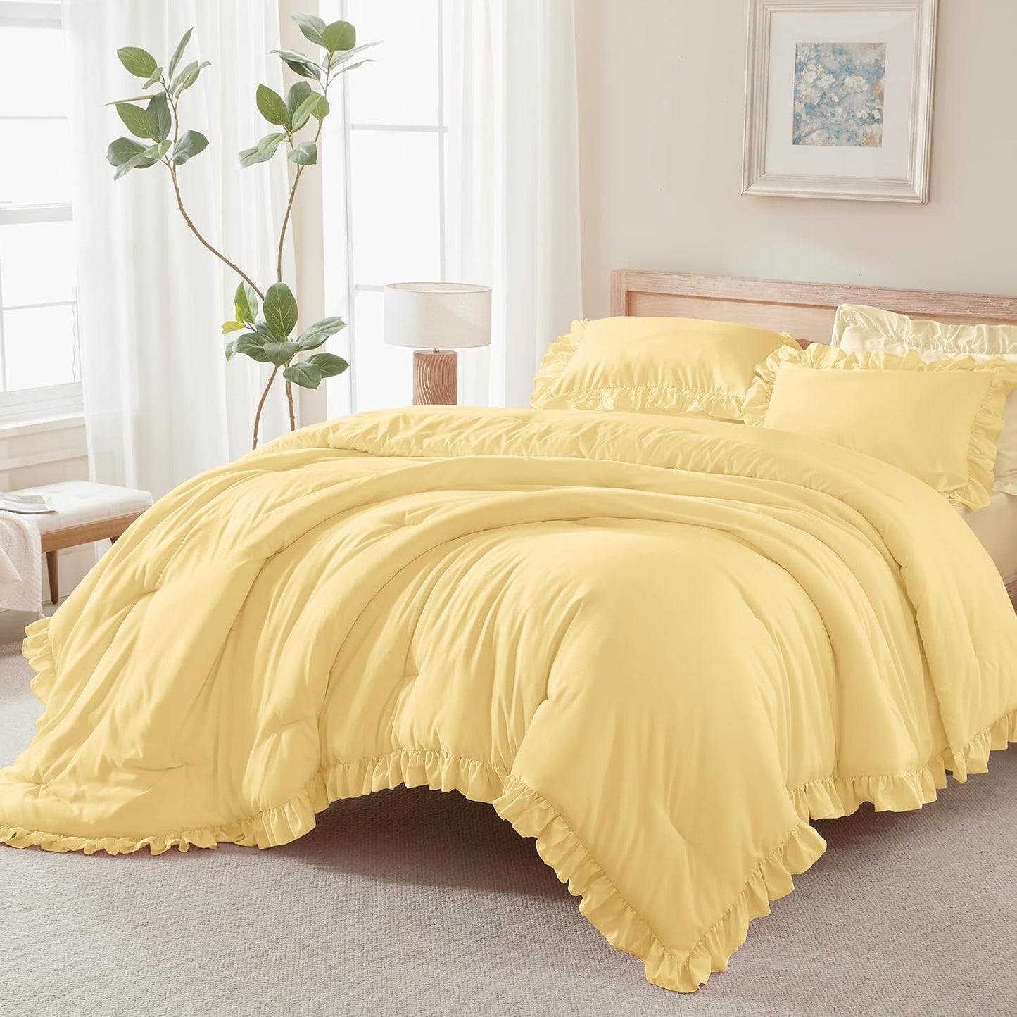 Yellow Ruffle Comforter Full (79x90Inch), 3 Pieces(1 Ruffled Comforter and 2 Pillowcases) Solid Farmhouse Shabby Chic Bed, Vintage Rustic Soft Polyester Bedding Set
