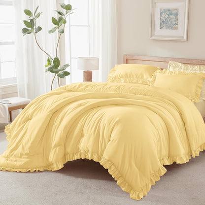 Yellow Ruffle Comforter Full (79x90Inch), 3 Pieces(1 Ruffled Comforter and 2 Pillowcases) Solid Farmhouse Shabby Chic Bed, Vintage Rustic Soft Polyester Bedding Set