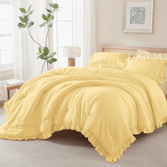 Yellow Ruffle Comforter Full (79x90Inch), 3 Pieces(1 Ruffled Comforter and 2 Pillowcases) Solid Farmhouse Shabby Chic Bed, Vintage Rustic Soft Polyester Bedding Set