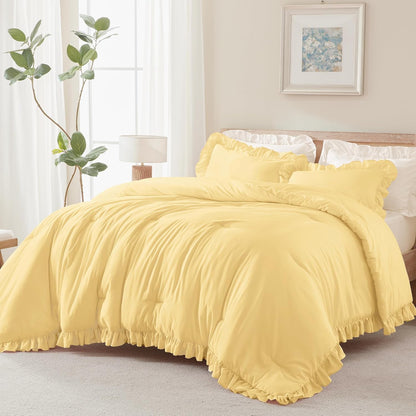 Yellow Ruffle Comforter Full (79x90Inch), 3 Pieces(1 Ruffled Comforter and 2 Pillowcases) Solid Farmhouse Shabby Chic Bed, Vintage Rustic Soft Polyester Bedding Set