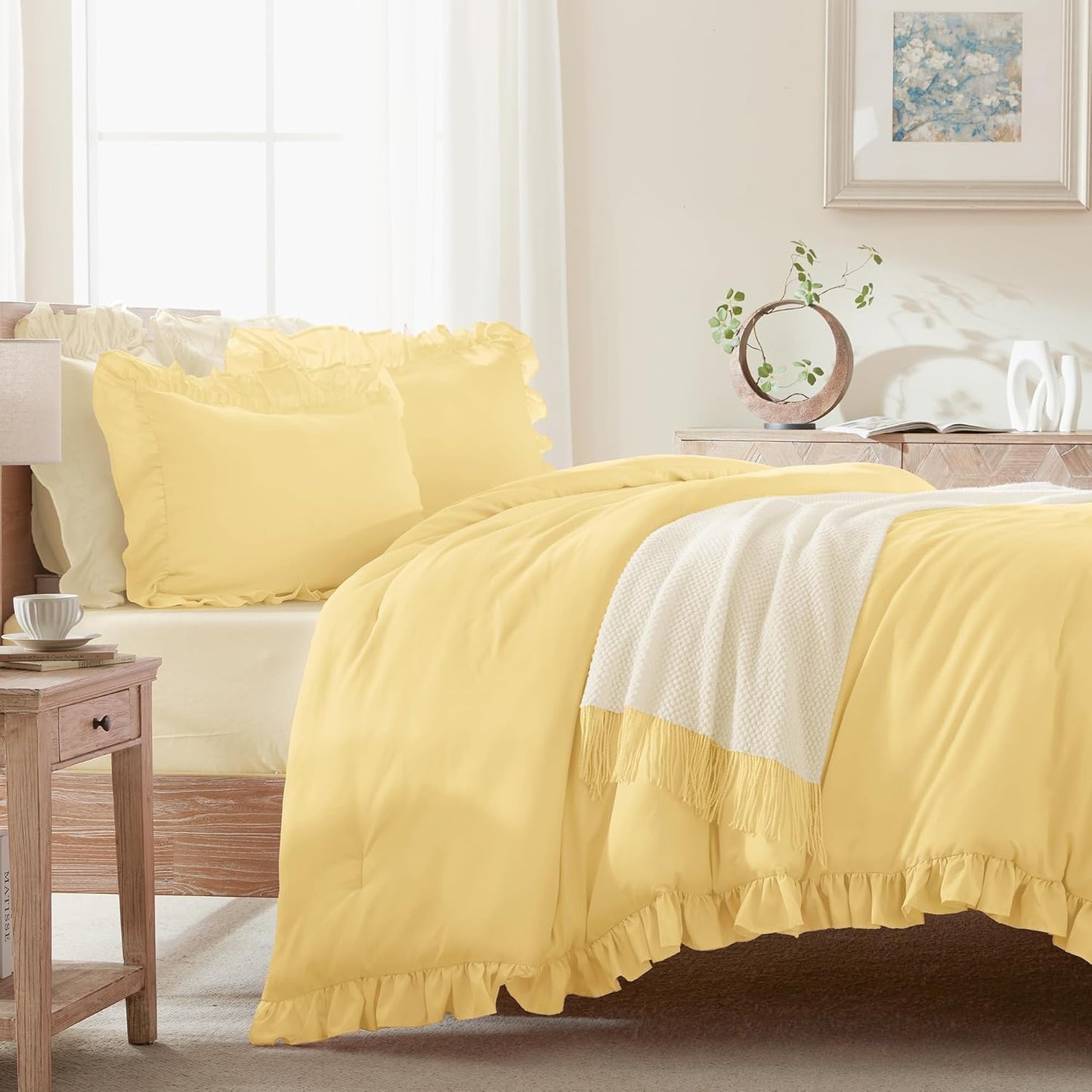 Yellow Ruffle Comforter Full (79x90Inch), 3 Pieces(1 Ruffled Comforter and 2 Pillowcases) Solid Farmhouse Shabby Chic Bed, Vintage Rustic Soft Polyester Bedding Set