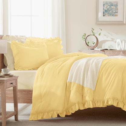 Yellow Ruffle Comforter Full (79x90Inch), 3 Pieces(1 Ruffled Comforter and 2 Pillowcases) Solid Farmhouse Shabby Chic Bed, Vintage Rustic Soft Polyester Bedding Set