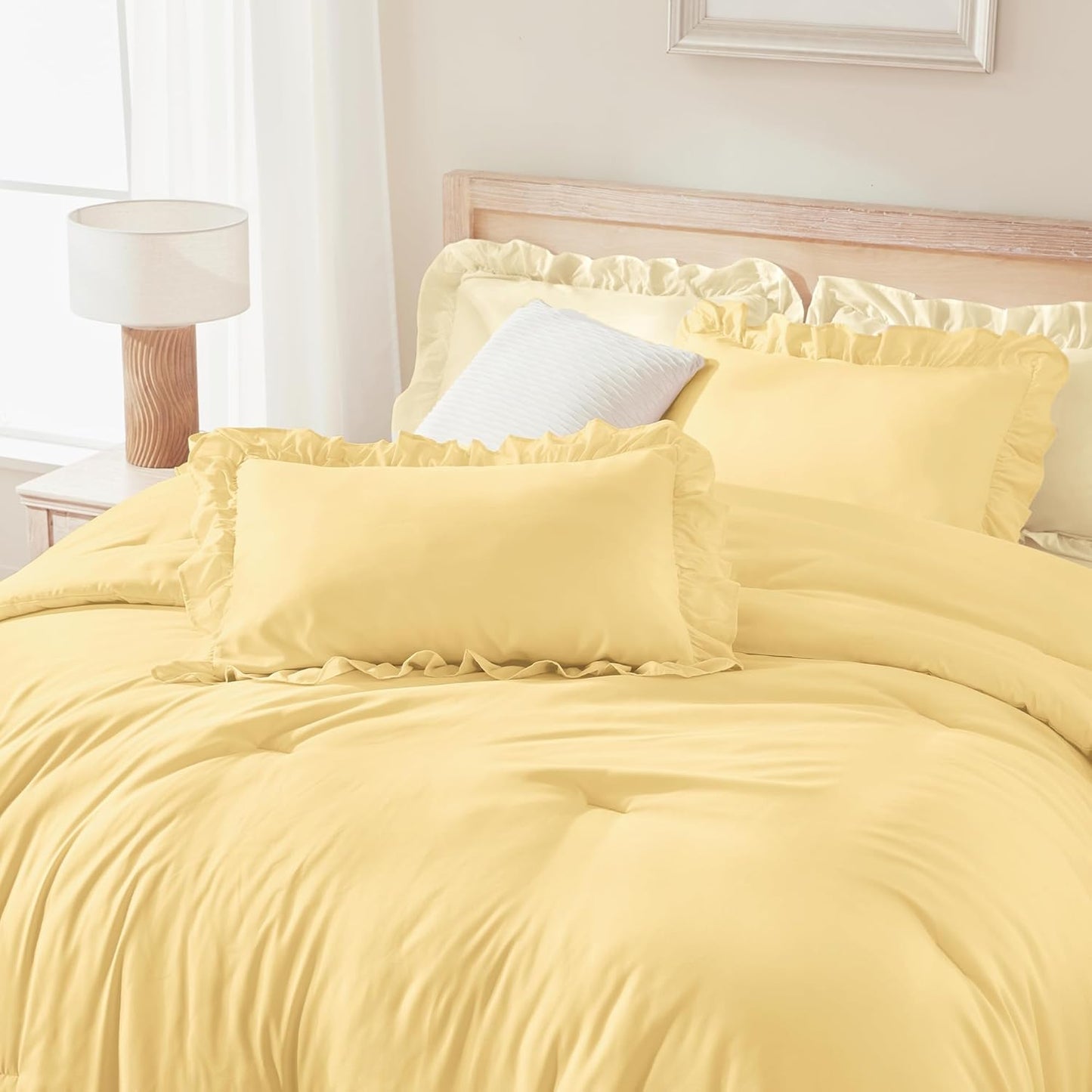Yellow Ruffle Comforter Full (79x90Inch), 3 Pieces(1 Ruffled Comforter and 2 Pillowcases) Solid Farmhouse Shabby Chic Bed, Vintage Rustic Soft Polyester Bedding Set