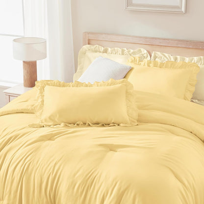 Yellow Ruffle Comforter Full (79x90Inch), 3 Pieces(1 Ruffled Comforter and 2 Pillowcases) Solid Farmhouse Shabby Chic Bed, Vintage Rustic Soft Polyester Bedding Set