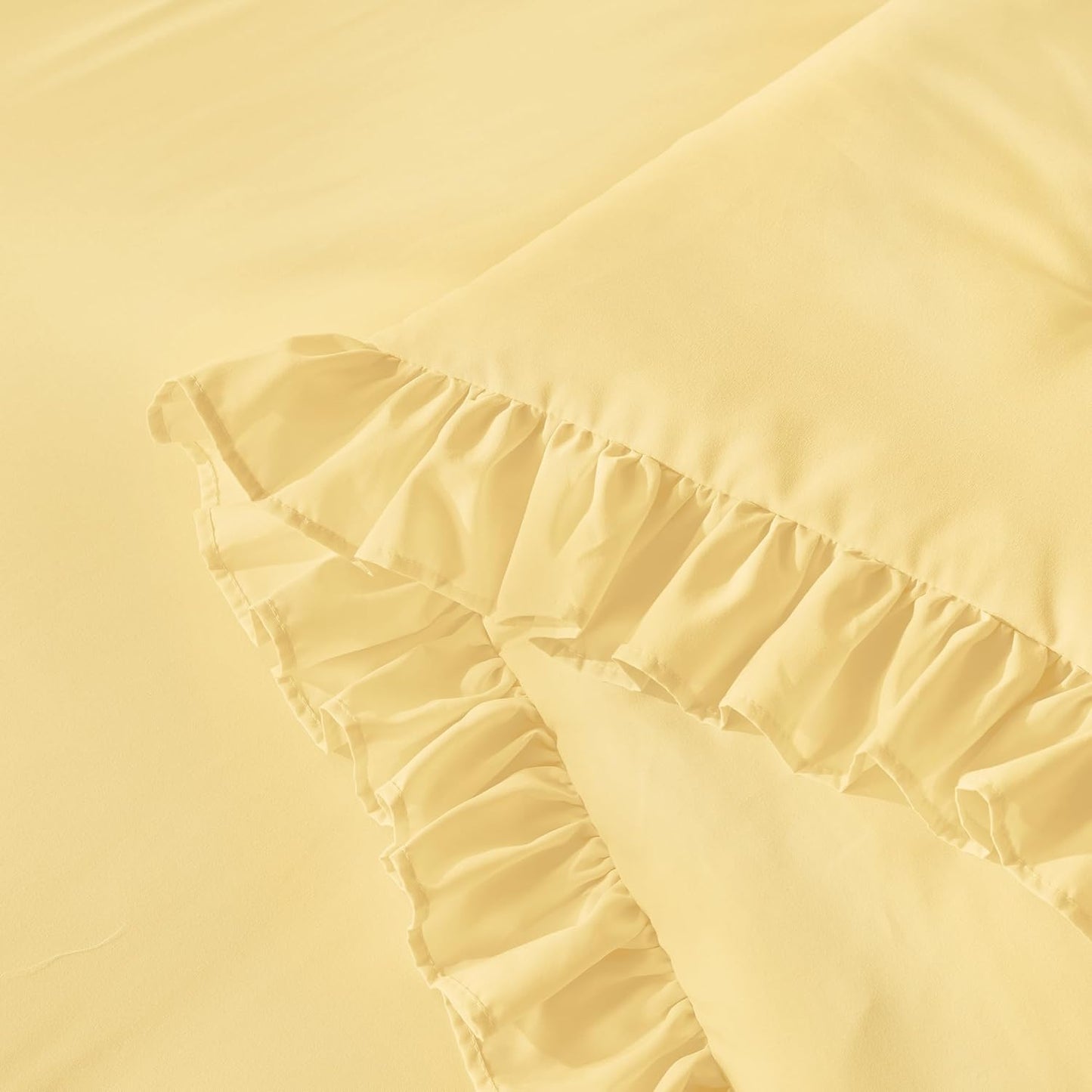 Yellow Ruffle Comforter Full (79x90Inch), 3 Pieces(1 Ruffled Comforter and 2 Pillowcases) Solid Farmhouse Shabby Chic Bed, Vintage Rustic Soft Polyester Bedding Set