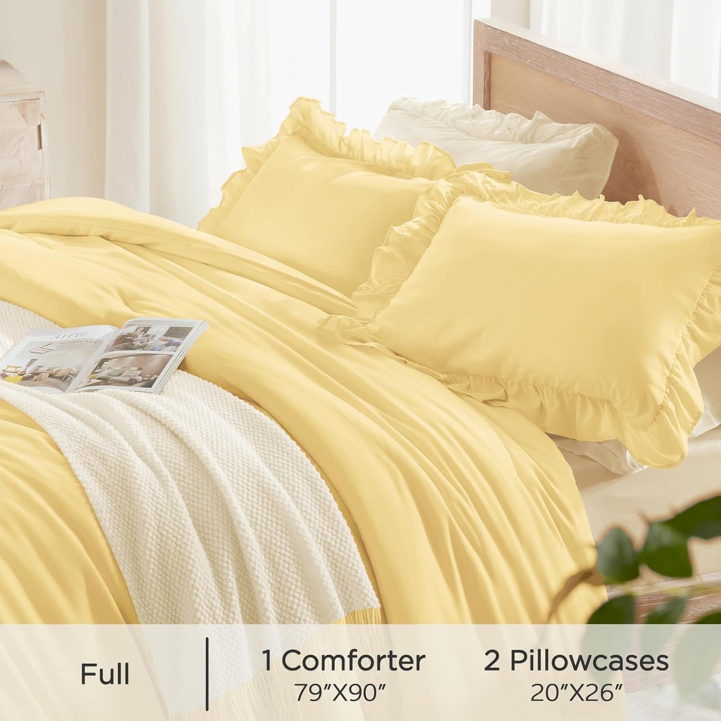 Yellow Ruffle Comforter Full (79x90Inch), 3 Pieces(1 Ruffled Comforter and 2 Pillowcases) Solid Farmhouse Shabby Chic Bed, Vintage Rustic Soft Polyester Bedding Set