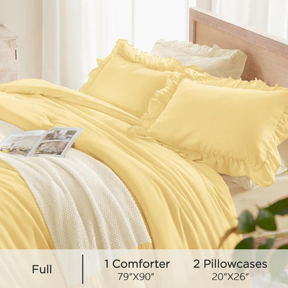 Yellow Ruffle Comforter Full (79x90Inch), 3 Pieces(1 Ruffled Comforter and 2 Pillowcases) Solid Farmhouse Shabby Chic Bed, Vintage Rustic Soft Polyester Bedding Set