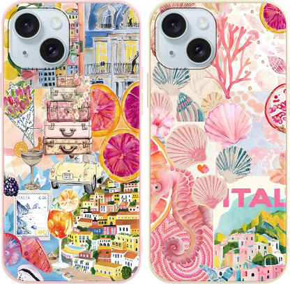 2 Pack Cute Summer Fruit Collage Phone Case for iPhone 15 6.1", Aesthetic Lemon Citrus Flower Floral Pattern Design Cases Shockproof Soft Slim Flexible Silicone Cover for Women Girls