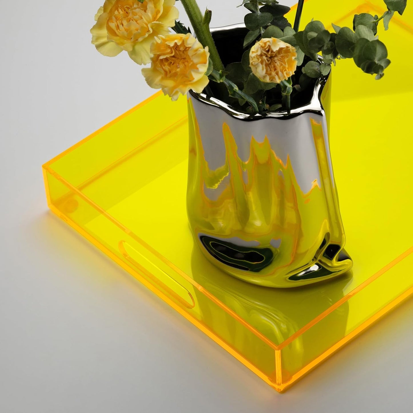 16"x12" Large Acrylic Serving Tray, Vanity Platter, Neon Yellow | Ottoman, Coffee Table, Tea Fruit Platter Snack Appetizer Dessert Drink, Home Kitchen Living Room Decorative, Bar Party Decor