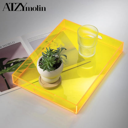 16"x12" Large Acrylic Serving Tray, Vanity Platter, Neon Yellow | Ottoman, Coffee Table, Tea Fruit Platter Snack Appetizer Dessert Drink, Home Kitchen Living Room Decorative, Bar Party Decor